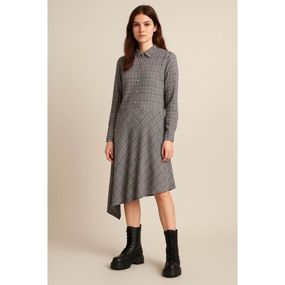 DKNY Gray Plaid Midi Shirt Dress